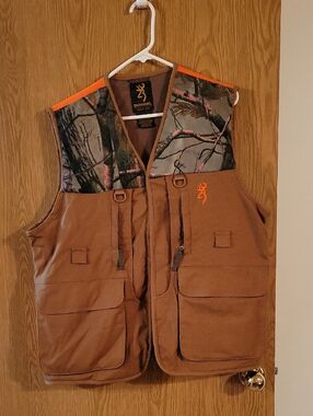 Browning Brown Hunting Vest with Camo Yoke and Orange Trim